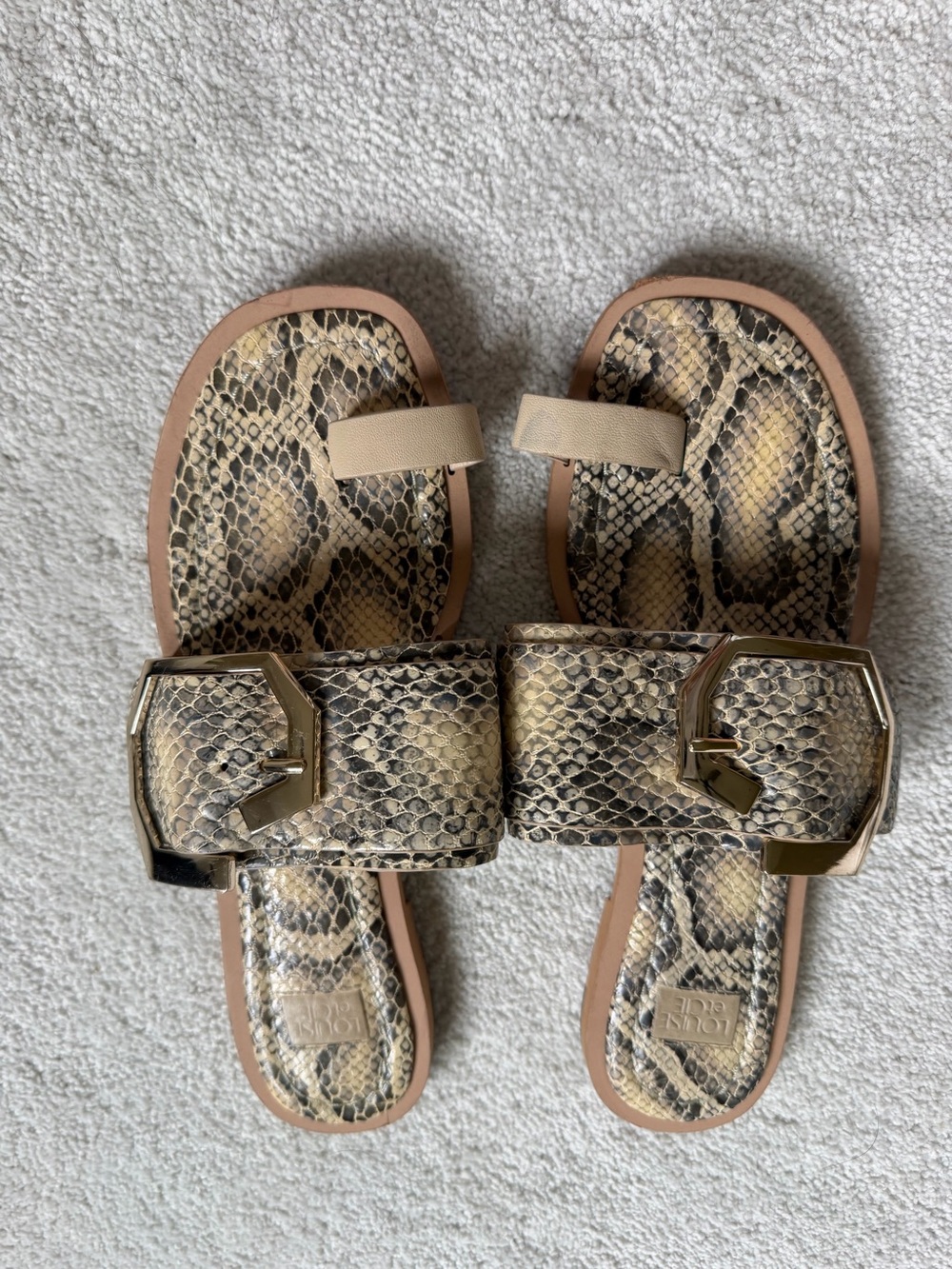Louise et CIE Snake-Print Slide Sandals with Gold Buckle - Beige